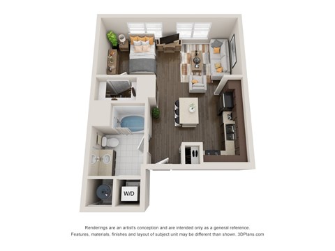 Floor plan for studio, 1 bath, 614 sqft